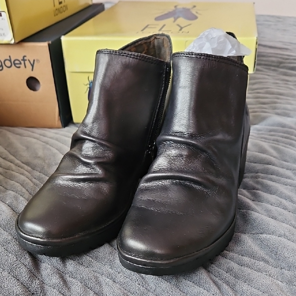 Fly London Dark Leather Heeled Boots